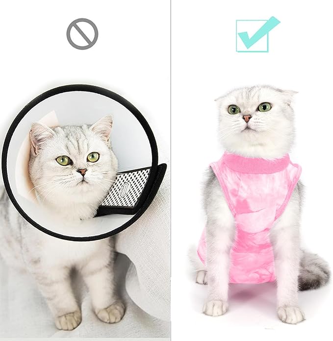 Cat Recovery Suit for Male and Female Surgical Post Surgery Soft Cone Onesie Tie Dye Cats Shirt Clothes Neuter Licking Protective Diapers Outfit Cover Kitten Spay Collar Alternative(Pink, L)