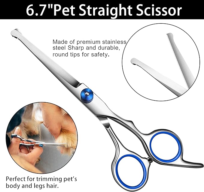 Dog Scissors for Grooming with Safety Round Tip,Professional Dog Grooming Kit,Dog Hair Shears Set,Incude Thinning、 Curved、Straight Scissors and Comb.Suitable for The Right Hand