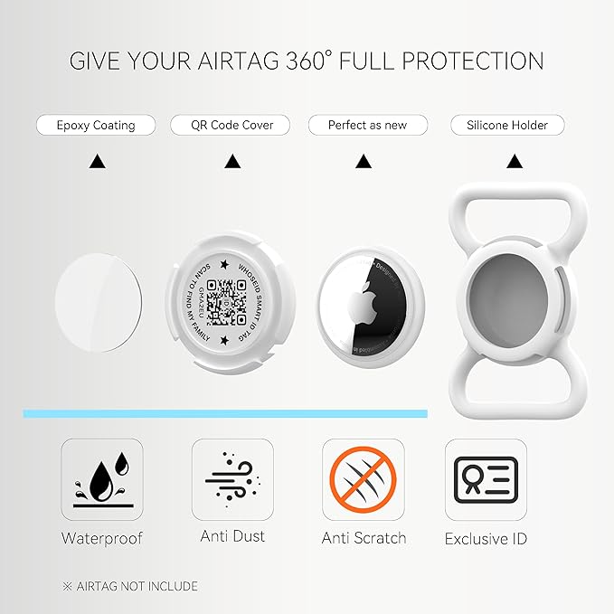 QR Code Airtag Holder, Scan QR Code Send Location Alert Email, Waterproof Full Body Protection Anti-Lost Air Tag Case, Airtag Accessories for Dog, Cats, Collar, Backpack (White, Large)