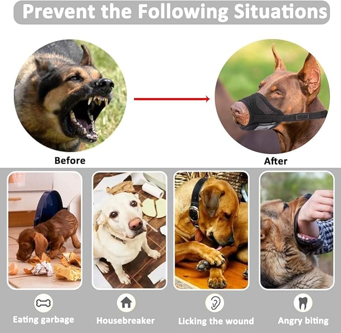 LUCKYPAW Dog Muzzle Anti Biting Barking and Chewing with Comfortable Mesh Soft Fabric and Adjustable Strap, Suitable for Small, Medium and Large Dogs(Red Trim,XL)