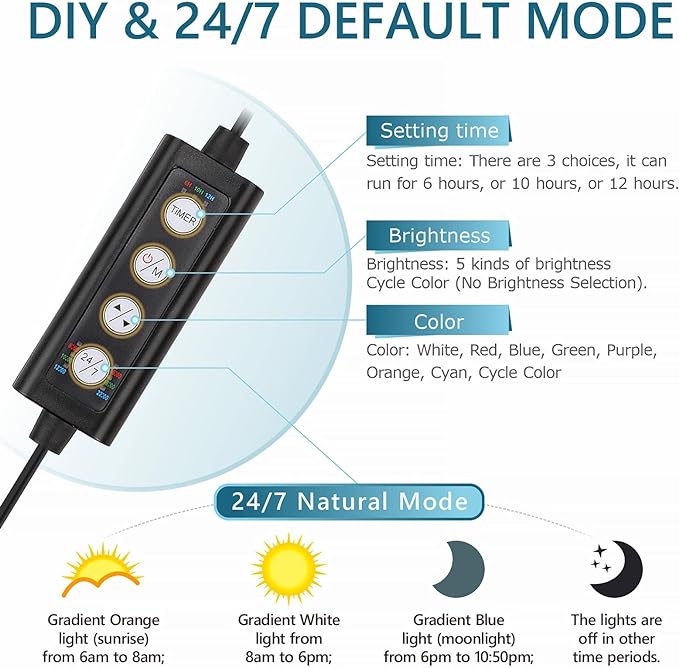 hygger Clip On 24/7 Lighting Aquarium LED Light, 14W Sunrise-Daylight-Moonlight and DIY Mode, Adjustable Timer / Brightness Fish Tank Light with 7 Colors for Planted Tank