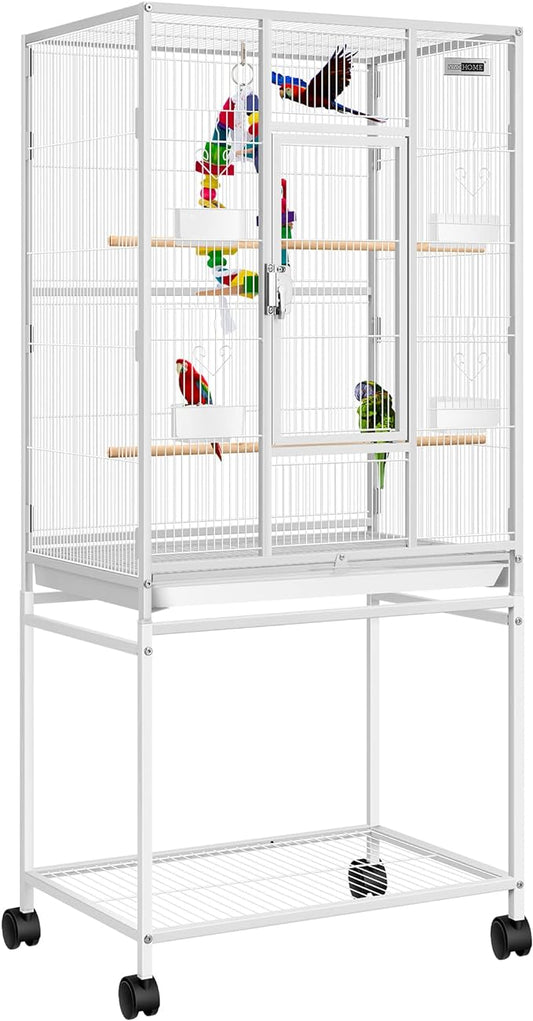 VIVOHOME 54 Inch Wrought Iron Large Bird Flight Cage with Rolling Stand for Parakeets Canaries Cockatiels Lovebirds Conures, White