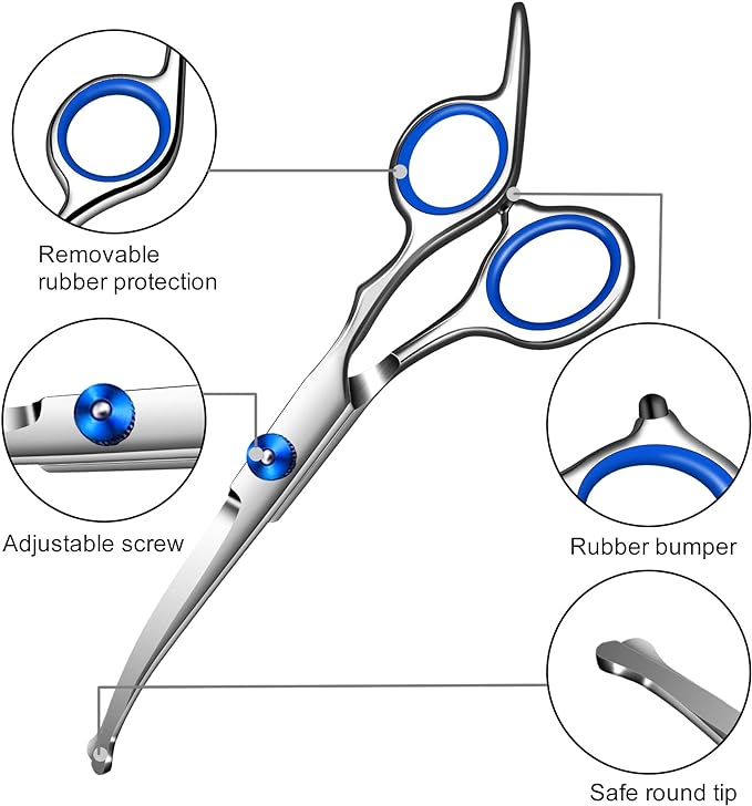 Dog Scissors for Grooming with Safety Round Tip,Professional Dog Grooming Kit,Dog Hair Shears Set,Incude Thinning、 Curved、Straight Scissors and Comb.Suitable for The Right Hand