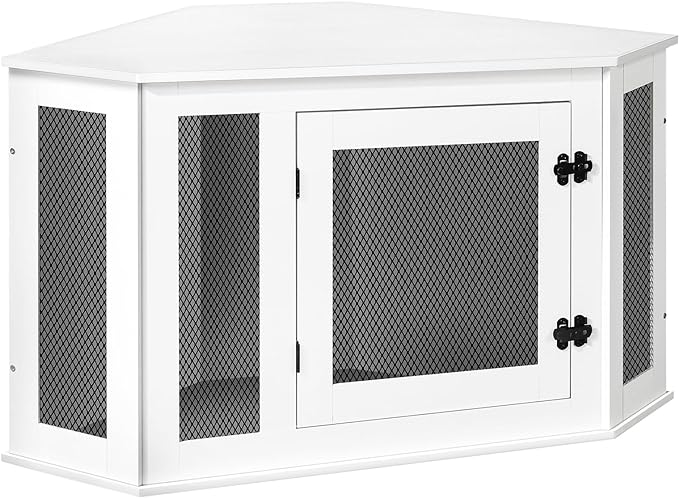 Corner Dog Crate Furniture, Wooden Dog Kennel End Table, Decorative Pet Crate Indoor Use, Furniture Style Dog House for Small Medium Dog, Dog Cage TV Stand, White and Black DCWT0801