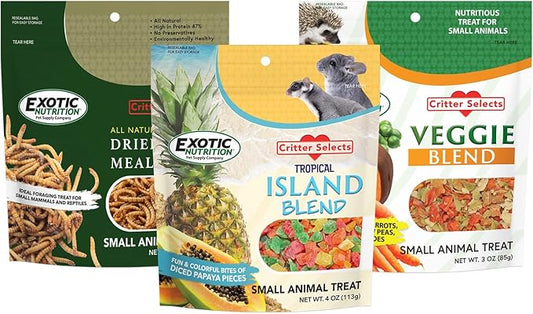 Treat Assortment 3 Pack - Pet Treats with Mix of Dried Fruits, Dried Insects, & Other Crunchies - for Sugar Gliders, Hedgehogs, Squirrels, Rabbits, Marmosets, Rats, Hamsters - Sample Variety