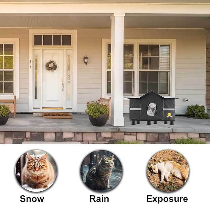 Texsens Large Cat House - Weatherproof Outdoor Cat Shelter with Roof Window- Insulated Elevated House for Stray/Barn Cats with Cozy Cushion - Ideal Waterproof Feral Cat House for Summer