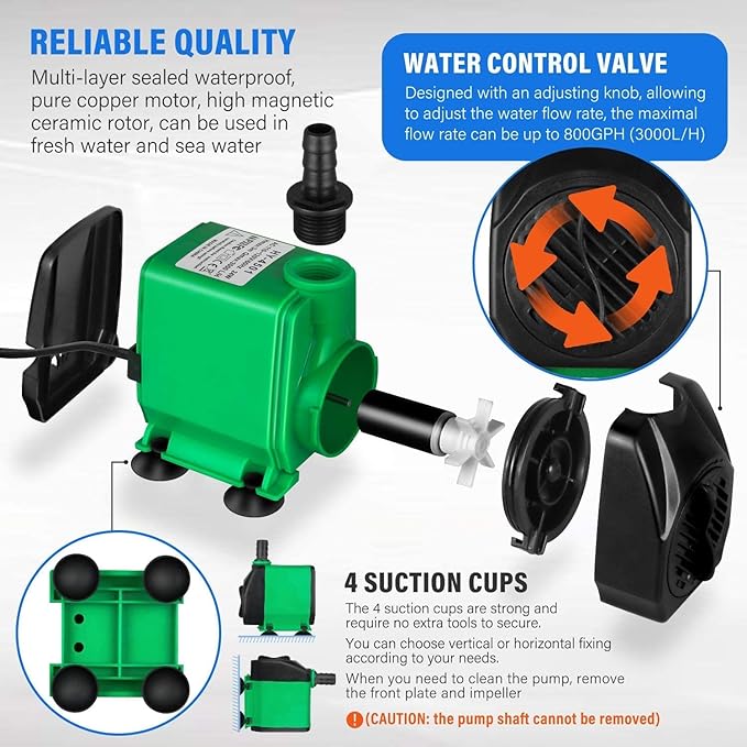 Simple Deluxe 60W 800GPH Submersible Pump (3000L/H), Ultra Quiet (10ft High Lift), 3 Nozzles with 5.2ft Power Cord for Fish Tank, Pond, Aquarium, Statuary, Hydroponics, Fountain