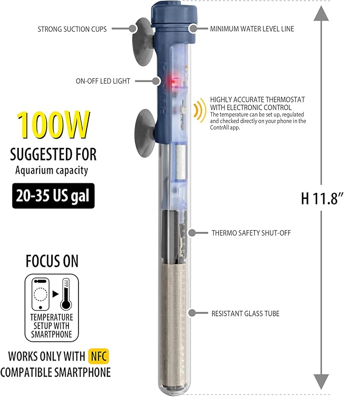 Sicce Scuba 100 Watt Aquarium Fish Tank Heater Smartphone Controlled via NFC Contactless App Adjustable | 100W Submersible for Marine Saltwater and Freshwater | Run Dry Protection