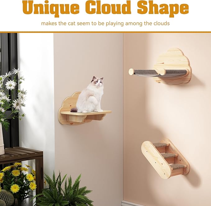 Wall Mounted Cat Furniture 3PCS Set, Solid Wood Cat Shelves and Perches for Wall Cat Hammock Cat Perches Cat Climbing Wall Steps Cat Ladder for Kitty & Kitten