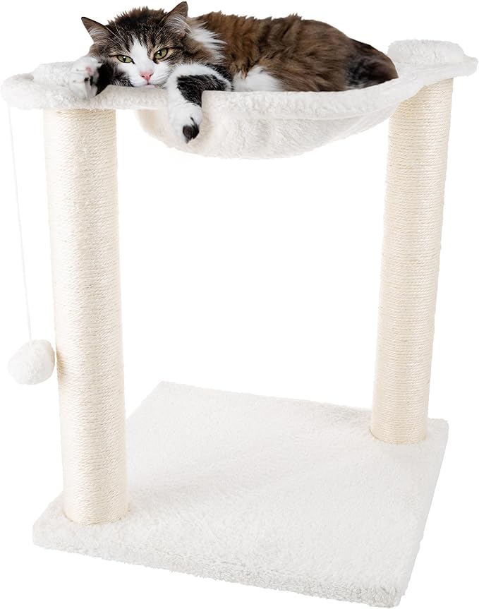 19-Inch Cat Scratching Post with Hammock ? Sisal Fabric and Carpet Small Cat Tree, Hanging Ball Toy for Adult Cats and Kittens by PETMAKER (White)