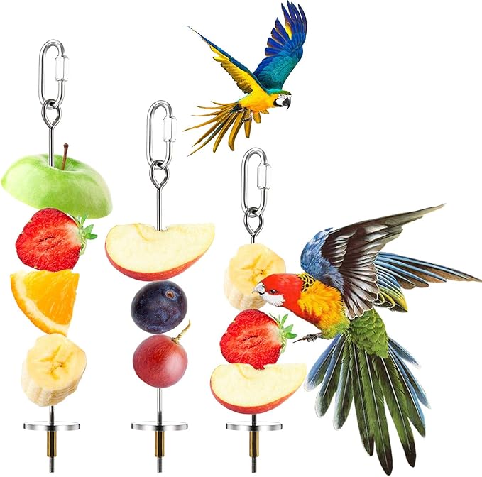 3PCS Bird Skewer Bird Food Holder Bird Feeders Stainless Steel Bird Parrot Skewer Small Animal Fruit Vegetable Holder Foraging Hanging Food Feeder for Parrots Cockatoo Cockatiel Cage (20, 16, 12 cm)