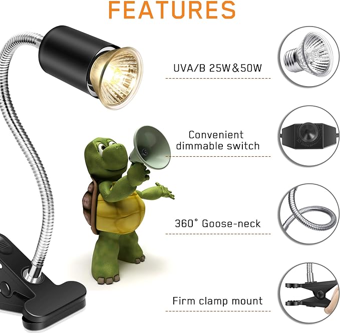 Reptile Heat Lamp,Heating Lamp with Clamp, Adjustable Habitat Basking Heat Lamp,UVA/UVB Light Lamp 360° Rotatable Clip and Dimmable Switch for Aquarium(Bulb Included) (E27,110V)