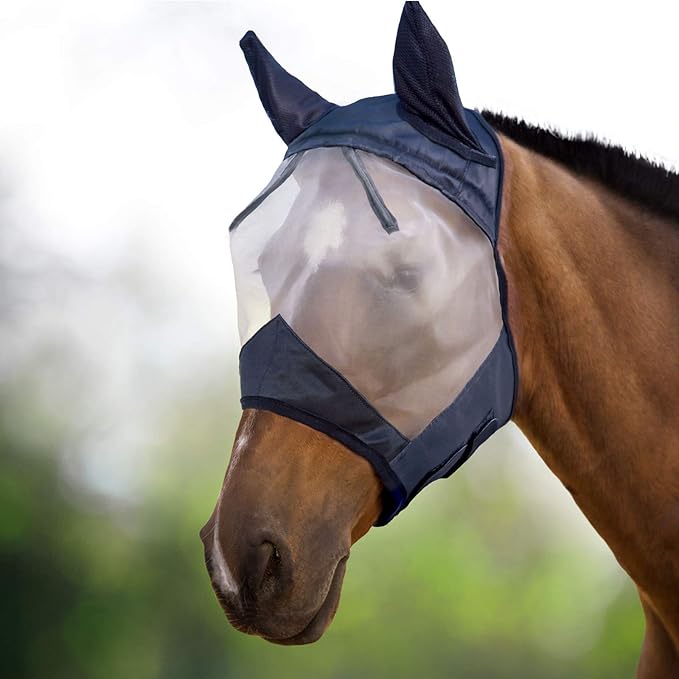 Harrison Howard CareMaster Horse Fly Mask Half Face with Ears Black/Silver Retro Large Full Size