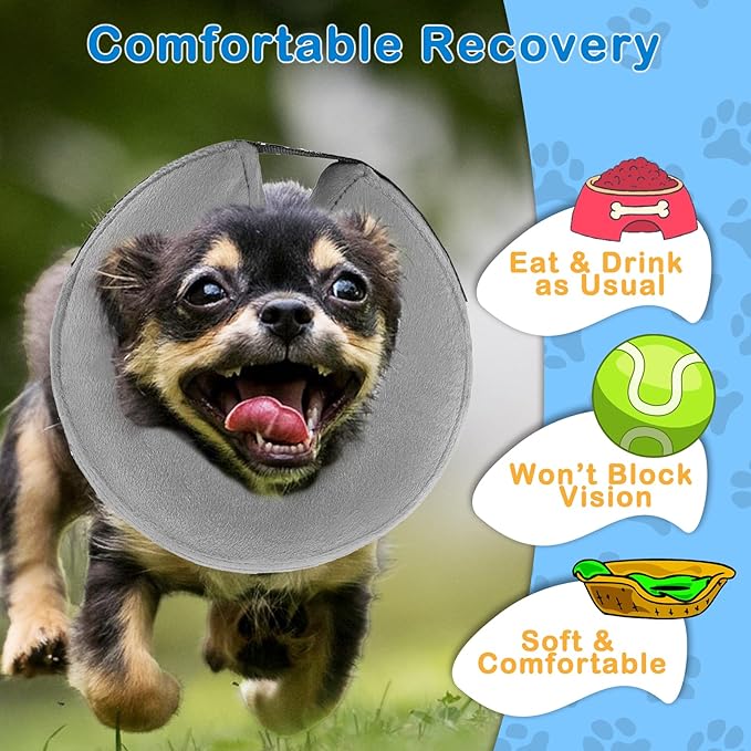 Inflatable Dog Cone Collar (M Size), Soft Blow-up Protective Recovery Dog Collar, Pet Donut Cone Collar, Comfy Elizabethan Collar After Surgery for Medium Dog to Prevent Biting Scratching, Grey