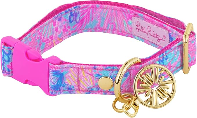 Lilly Pulitzer Adjustable Puppy Dog Collar, Cute Heavy Duty Canvas Collar with Snap Closure and Ring for Leash/Tag, Splendor in The Sand (S/M)