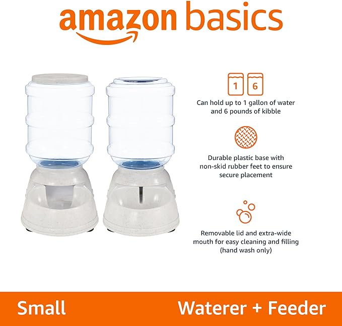 Amazon Basics Automatic Dog Cat Water Dispenser Gravity Feeder Set, Small, 6-Pound Food Capacity, 1-Gallon, Gray