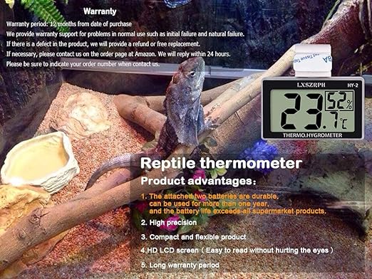 Reptile Thermometer Hygrometer HD LCD Reptile Tank Digital Thermometer with Hook Temperature Humidity Meter Gauge for Reptile Tanks, Terrariums, Vivarium (2packs)