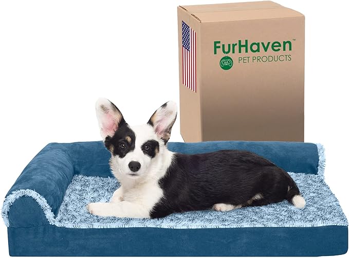 Furhaven Orthopedic Dog Bed for Medium/Small Dogs w/ Removable Bolsters & Washable Cover, For Dogs Up to 35 lbs - Two-Tone Plush Faux Fur & Suede L Shaped Chaise - Marine Blue, Medium