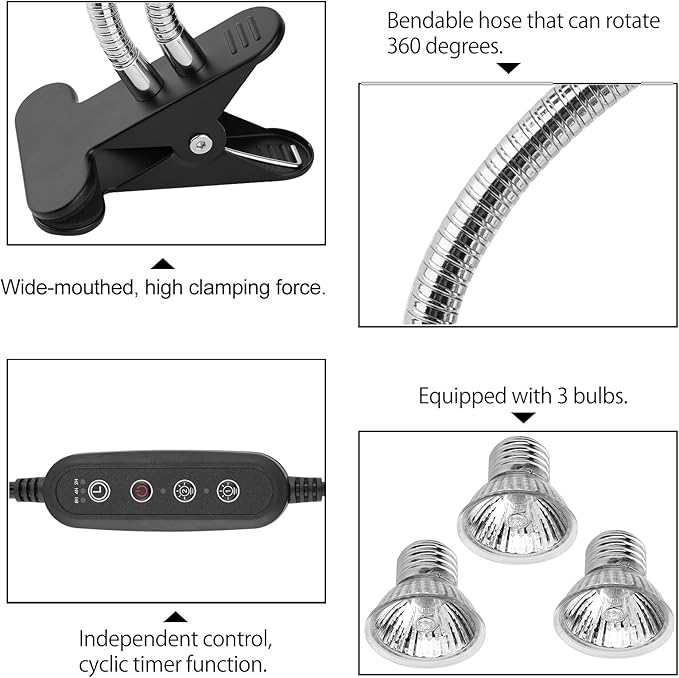 Reptile Heat Lamp,Double-Head Heating Lamp for Reptiles, UVA/B Turtle Lamp with Clamp, Separate Control, Turtle Light,Basking Light for Reptiles Bearded Dragon Turtle Snake, 3 Basking Bulbs.