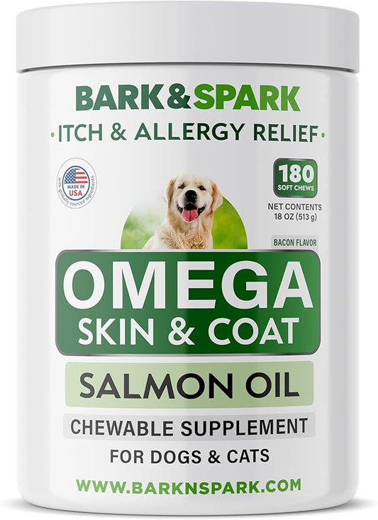 Omega 3 for Dogs and Cats - 180 Fish Oil Treats for Dog Shedding, Skin Allergy, Itch Relief, Hot Spots Treatment - Joint Health - Skin and Coat Supplement - EPA & DHA Fatty Acids - Salmon Oil - Bacon