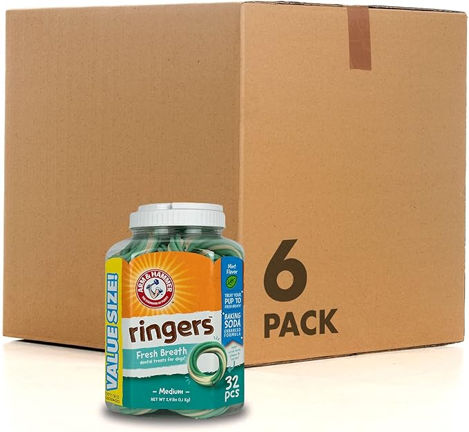 Arm & Hammer for Pets Ringers Fresh Breath Dental Treats for Dogs, Value Pack, Dental Chews Fight Bad Dog Breath, Plaque & Tartar Without Brushing Includes Baking Soda (Pack of 6, 192 Count Total)