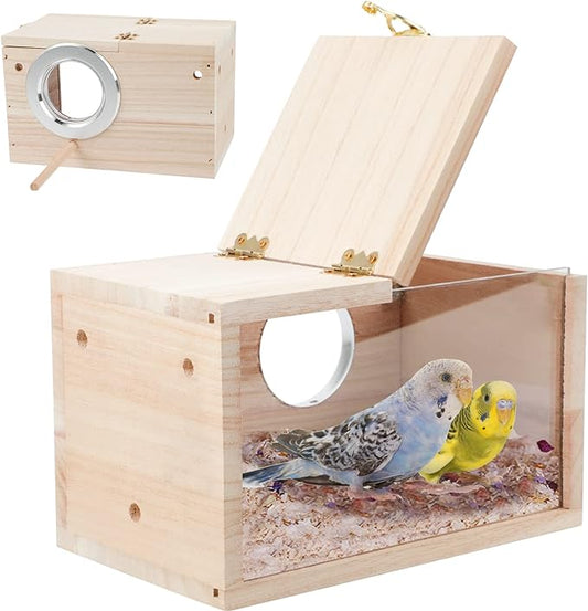 Parakeet Nesting Box Transparent Bird House for Cage Natural Wood Breeding Box for Parrot Parakeet Cockatiel Lovebirds Budgie Conure and Other Small Birds