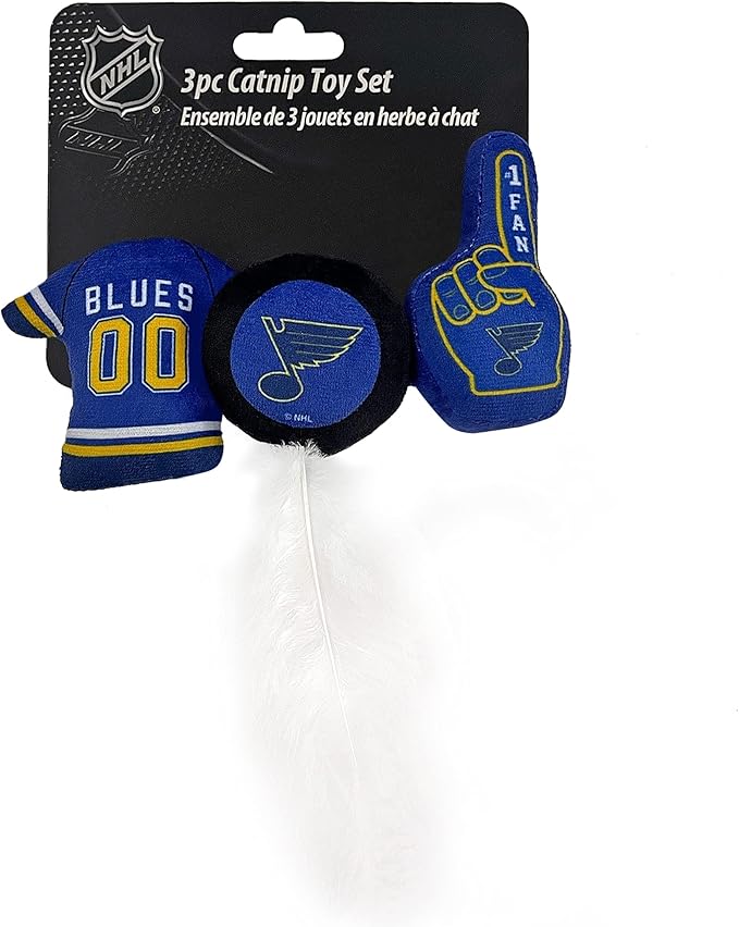 BEST PLUSH CAT TOY NHL ST LOUIS BLUES Complete Set of 3 piece Cat Toys filled with Fresh Catnip. Includes: 1 Jersey Cat Toy, 1 Hockey Puck Cat Toy with Feathers & 1 #1 Fan Cat Toy. Beautiful Team LOGO