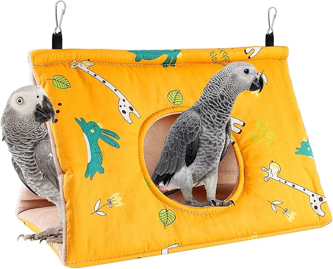 Rypet Winter Warm Bird Nest House - Hanging Hammock Velvet Shed Hut Cage Plush Fluffy Birds Hideaway Sleeping Bed Fuzzy for African Grey Cockatoo and Other Amazon Parrot Large（Yellow）