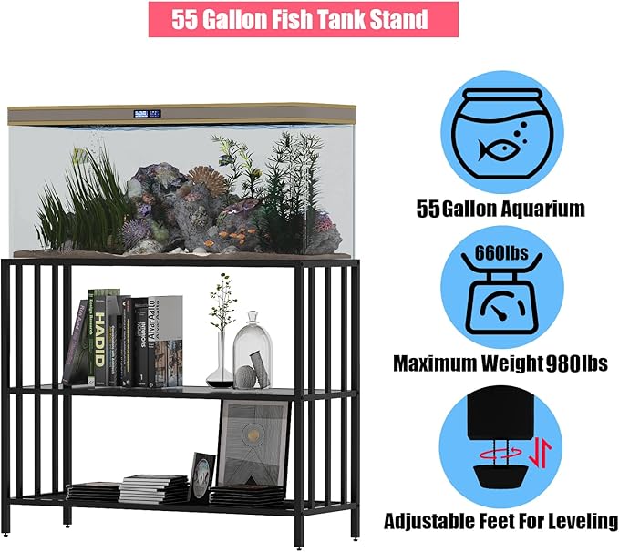 Fish Tank Stand with Metal Shelves, 55 Gallon Aquarium Stand Heavy Duty Turtle Tank Terrariums Tank Breeder Reptile Tank Stand for Home Office, 48.4” x 14.9” x 29.5” (Black)