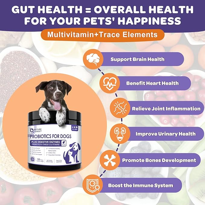 Probiotics for Dogs, 6 Billion CFUs, Freeze Dried Dog Probiotics with Prebiotics and Digestive Enzymes, Vitamins and Omega 3, for Gut & Skin & Immune Health, Allergy Itch Relief, Reduce Diarrhea, Gas