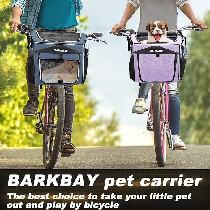 BARKBAY Dog Bike Basket Carrier, Expandable Foldable Soft-Sided Dog Carrier, 2 Open Doors, 5 Reflective Tapes, Pet Travel Bag,Dog Backpack Carrier Safe and Easy for Small Medium Cats and Dogs(Purple)