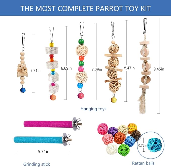 22 Packs Bird Parakeet Cockatiel Toys,Parrot Swing Chewing Hanging Toy with Safe Bells,Bird cage Colorful Climbing Standing Rope Natural Wood Ladder Bungee Toys