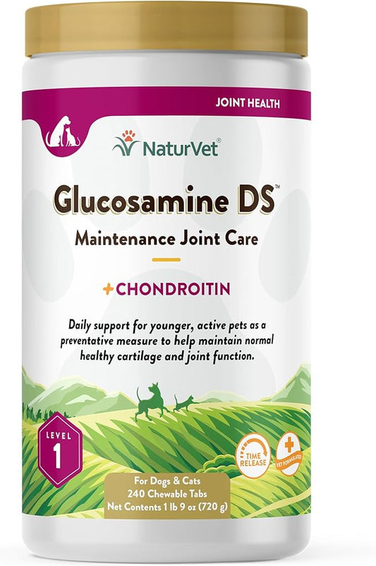 NaturVet – Glucosamine DS - Level 1 Maintenance Care | Preventative Care to Maintain Healthy Cartilage & Joint Function | Enhanced with Glucosamine & Chondroitin | for Dogs & Cats (240 Tablets)