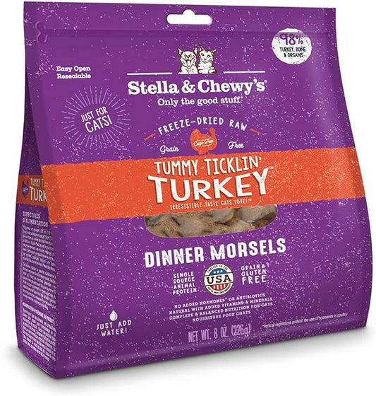 Stella & Chewy's Freeze-Dried Raw Cat Dinner Morsels – Grain Free, Protein Rich Cat & Kitten Food – Tummy Ticklin’ Turkey Recipe – 8 oz Bag