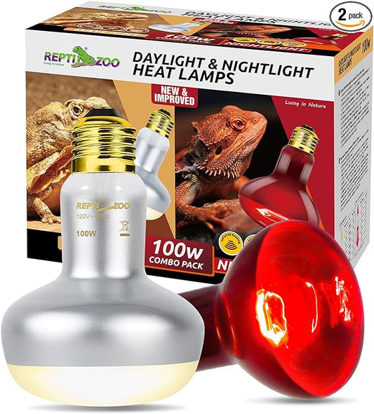 REPTI ZOO 2 Pack 100W Reptile Heat Lamp Bulbs,Upgraded Reptile Day and Night Basking Spot Bulb Combo Amphibian Infrared Heat Lamp Bulb/UVA Basking Spot Daylight Heating Light Bulb