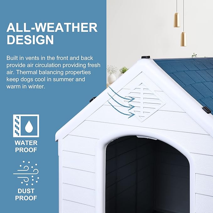 Plastic Dog House, Insulated Doghouse Puppy Shelter, Water Resistant Easy Assembly Sturdy Dog Kennel with Elevated Floor and Air Vents, Ventilate for Small to Large Sized Dogs (29-Inch, Blue)