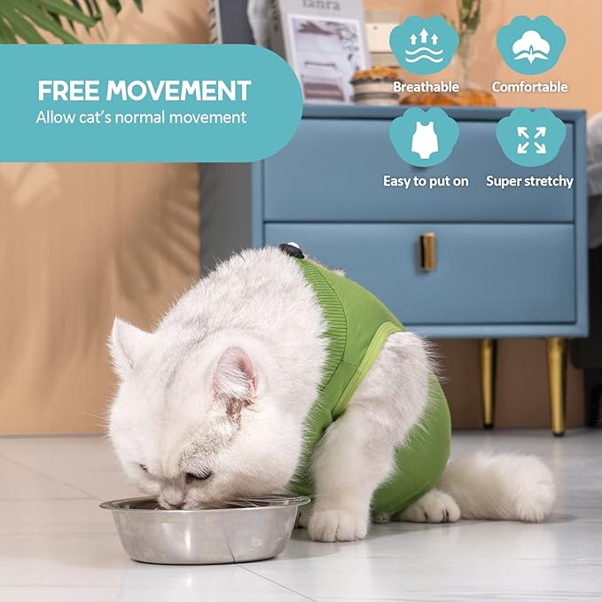 Avont Cat Recovery Suit - Kitten Onesie for Cats After Surgery, Cone of Shame Alternative Surgical Spay Suit for Female Cat, Post-Surgery or Skin Diseases Protection -Green(S)