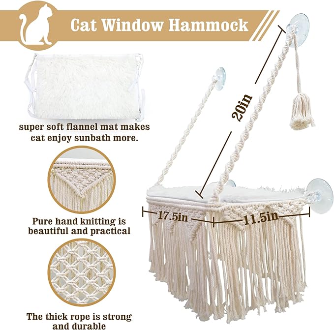 Cat Window Perch Macrame Cat Hammock Boho Wall Mounted Pet Resting Seat Bed for Sunbathing, Napping & Overlooking with 4 Seat Suction Cups & Fleece Blanket & Knitted Ball Toy - Weighted up to 35lbs.