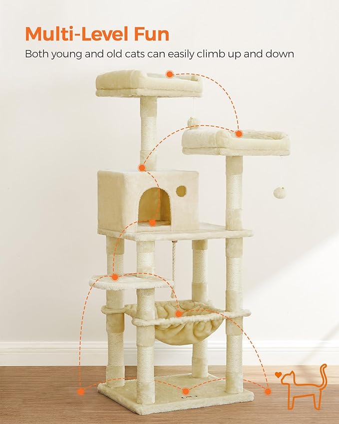 Feandrea Cat Tree, 56.3-Inch Cat Tower for Indoor Cats, Multi-Level Cat Condo with 11 Scratching Posts, 2 Perches, Cave, Hammock, Beige UPCT15BE