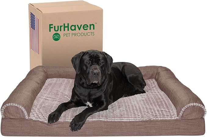 Furhaven Cooling Gel Dog Bed for Large Dogs w/ Removable Bolsters & Washable Cover, For Dogs Up to 125 lbs - Luxe Faux Fur & Performance Linen Sofa - Woodsmoke, Jumbo Plus/XXL