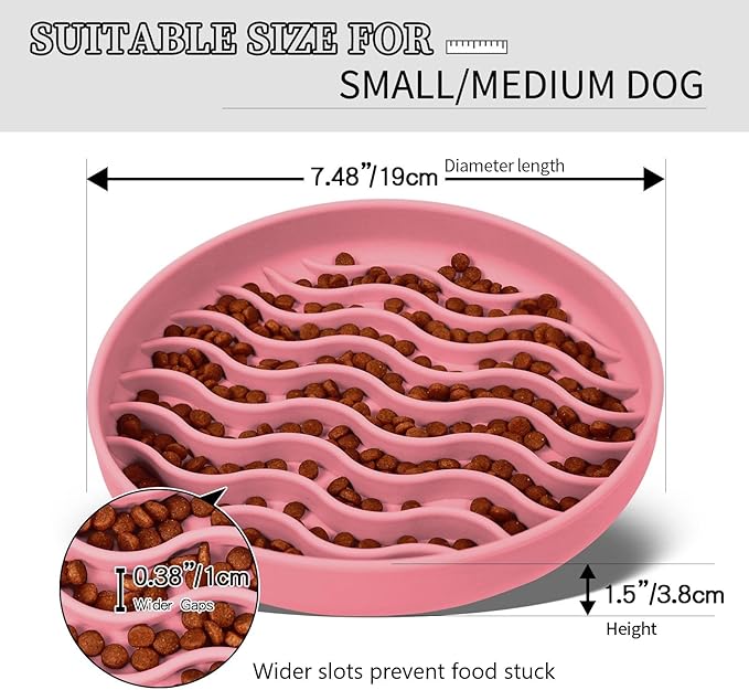 Slow Feeder Dog Bowls, Silicone Food Bowl Anti-Gulping, Pets Puppy Slow Feeder with Suction Cups, Dishwasher Microwave Safe for All Small Medium Dogs, Wave Design Pink