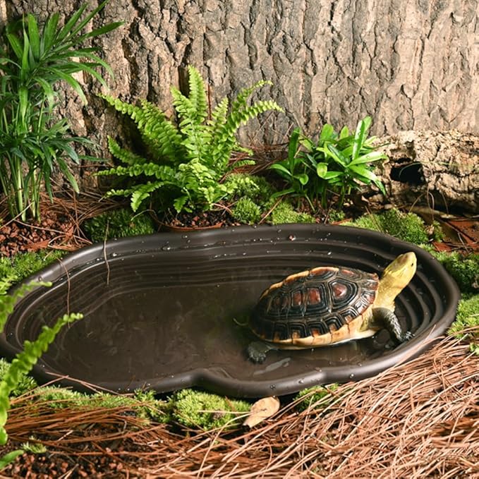 Flushbay Reptile Feeding Water Bowl with Drainage Turtle Water Dish Large Reptile Bathing Dish Pool for Lizard Bearded Dragon Hermit Crabs Semi-Aquatic Pets (Black)