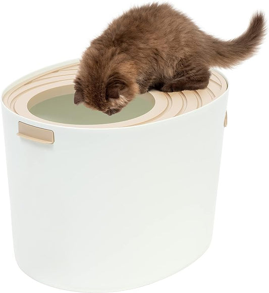 IRIS USA Medium Top Entry Cat Litter Box with Scoop, High Sided Kitty Litter Box, White/Beige