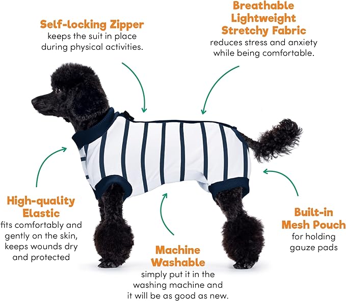 BENCMATE Dog Recovery Suit, After Surgery Dog Recovery Onesie, Professional Pet Zip Up Recovery Shirt Dog Abdominal Wound Bandages, Substitute E-Collar & Cone, Dog Onesie (Small,Breton Stripes)