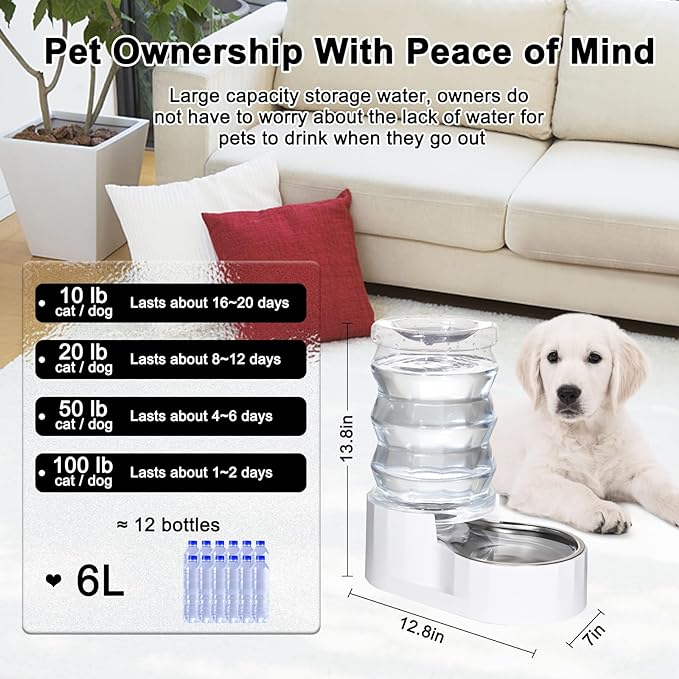 RIZZARI Upgraded 6L Automatic Gravity Dog Water Bowl Dispenser, 100% BPA-Free, Stainless Steel Cat Water Dispenser, Large Capacity Water Dispenser with Two Caps and Filters (6L+)