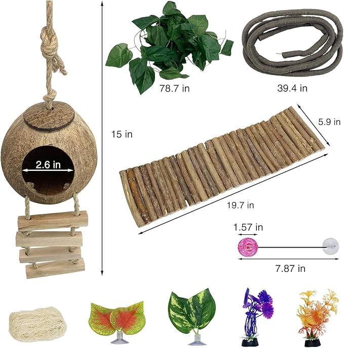 Hamiledyi Leopard Gecko Tank Accessories, Reptile Vines Plants with Coconut Shell Ladder Hideout Hut Hermit Crab Decor for Bearded Dragon Lizard Chameleon Tortoise Snake Play Rest