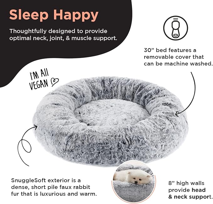 Best Friends by Sheri SnuggleSoft Faux Rabbit Fur Memory Foam Calming Donut Bed for Dogs and Cats, Grey, 30" x 30"