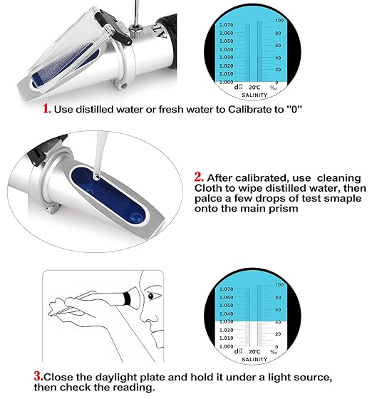 Water Salinity Refractometer, Dual Scales Hydrometer: Specific Gravity 1.000-1.070 & PPT 0-100 (1‰ = 1ppt = 1000 ppm), Handheld Seawater Tester for Aquarium, Marine Fish-Keeping, Pool Tank