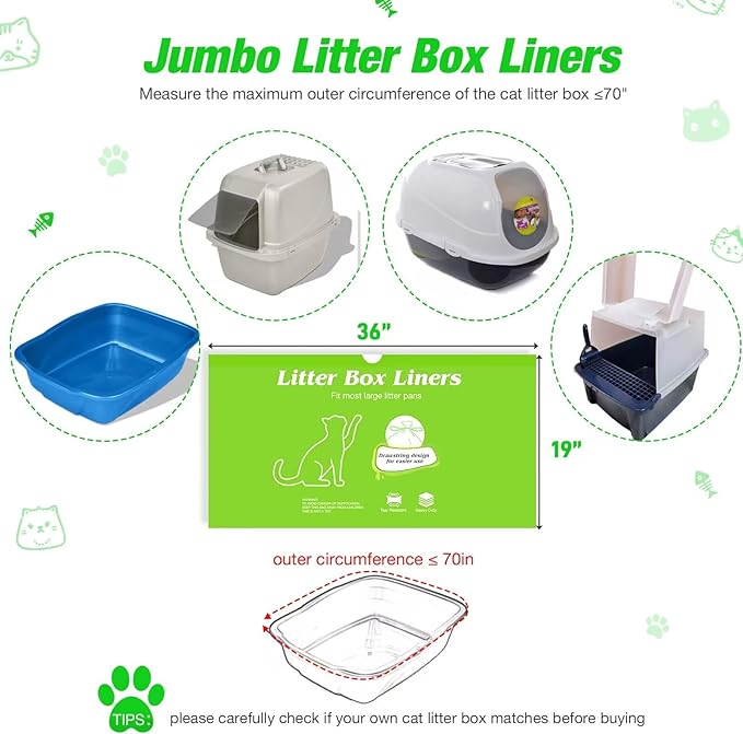 Jumbo Cat Litter Box Liners Extra-Thick 2MIL Heavy Duty Cat Litter Liner Bags 36" x 19" Drawstring Kitty Litter Pan Liners 10 Count