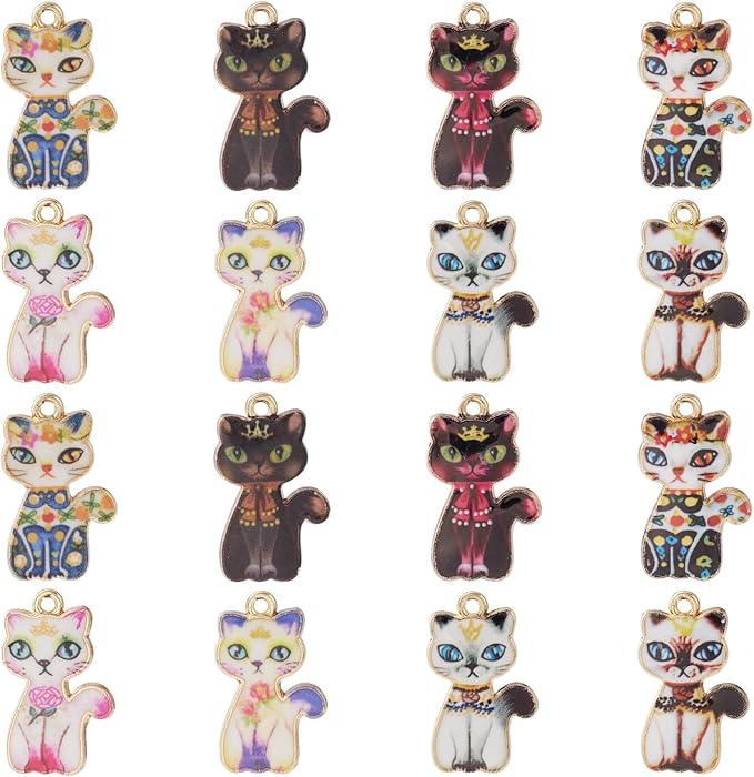 KitBeads 40pcs 8 Styles Cat Charms Flower Printed Animal Pet Charms Vintage Cute Colorful Kitten Charms for Jewelry Making Bulk